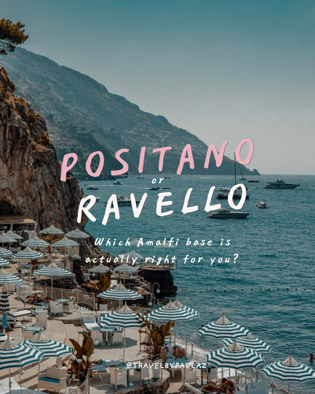 Split view of Positano on the water and Ravello above the Amalfi Coast cliffs